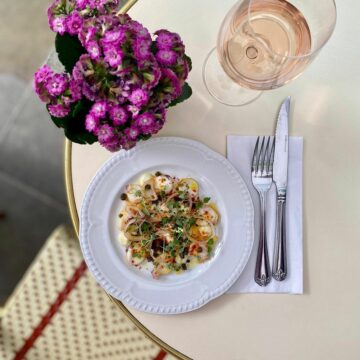 Restaurant lunch and glass of wine at Orchard Place